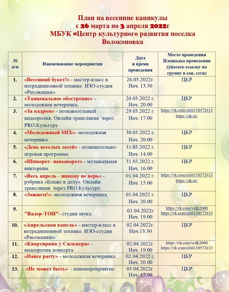 План мероприятий на весенние каникулы